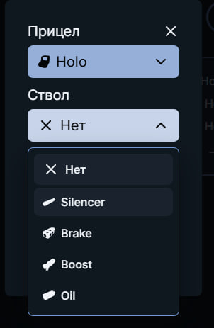 Пример выбора Holo и открытого списка модулей ствола