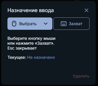 Окно «Назначение ввода» с кнопками «Выбрать» и «Захват»